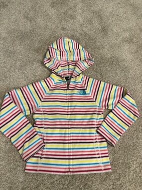 The North Face Girls' Striped Hooded Fleece Jacket-White Pink Blue Yellow purple